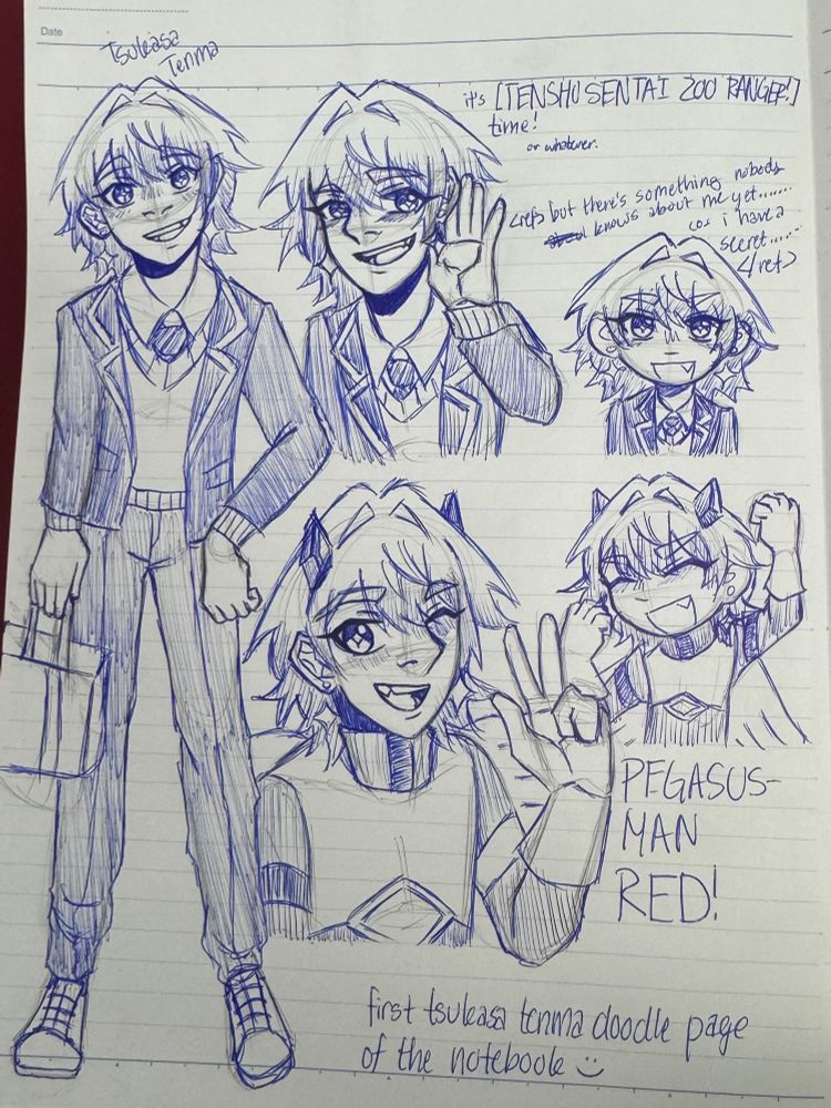 a doodle page of tsukasa tenma. it depicts a full body of him holding a bag, a portrait of him showing off an earring, a small chibi of him looking forward, a portrait of him in his pegasus-man red outfit posing at the camera, and a chibi of him in his pegasus-man red outfit pumping a fist into the air.