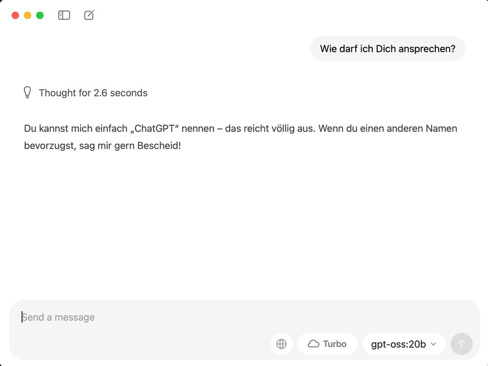 Screenshot of a OpenAI ChatGPT Model running locally on Ollama