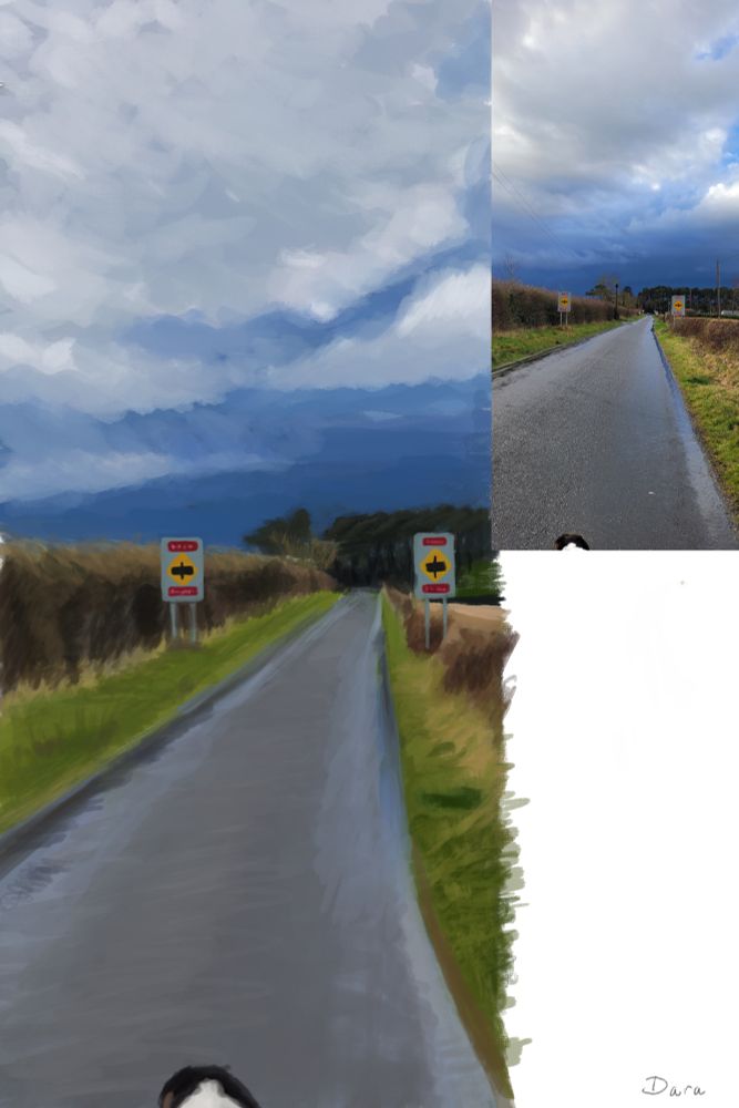 A road fading with distance, a dark forest painting the horizon at its mouth, flanked by brown and yellow hedges and green verges, an ominous sky of clouds fading into a dark so blue it looks to be open sky. The back of a black and white did head can just barely be seen at the foot of the image. He is a good boy.