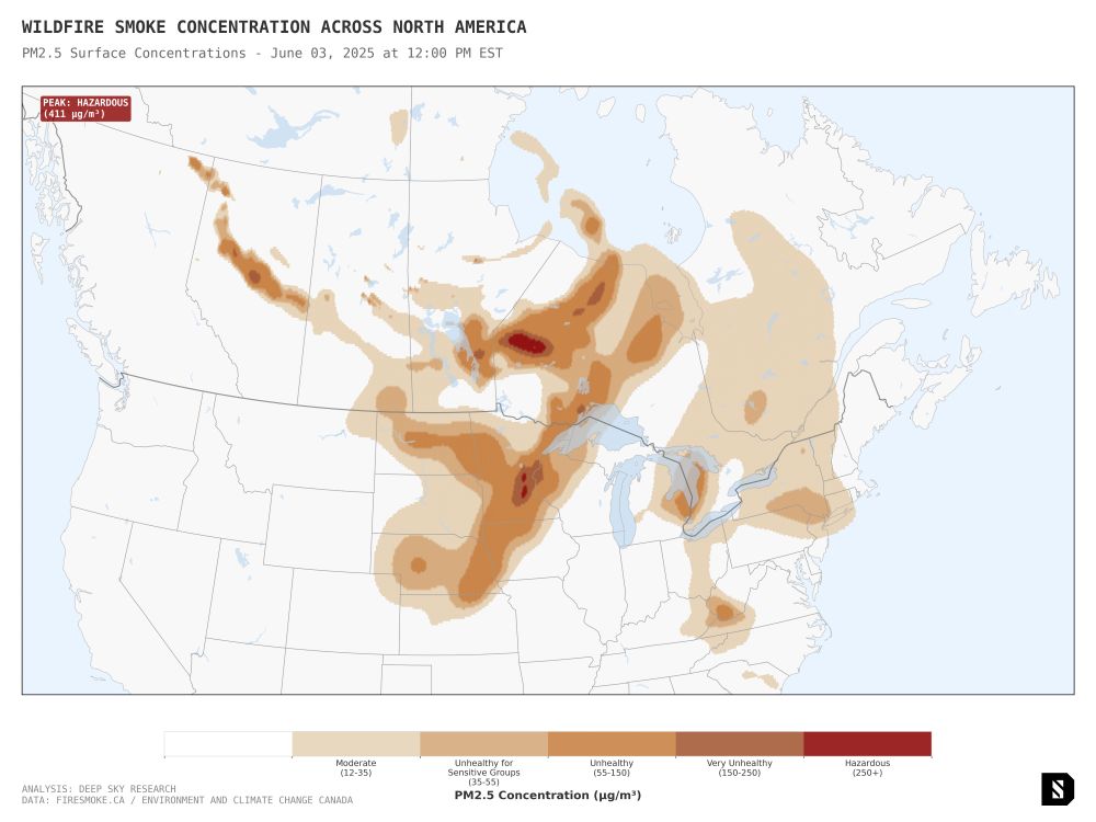 Map of smoke concentrations across North America. Wildfires in western Canada are spreading smoke across the US and Canada. 