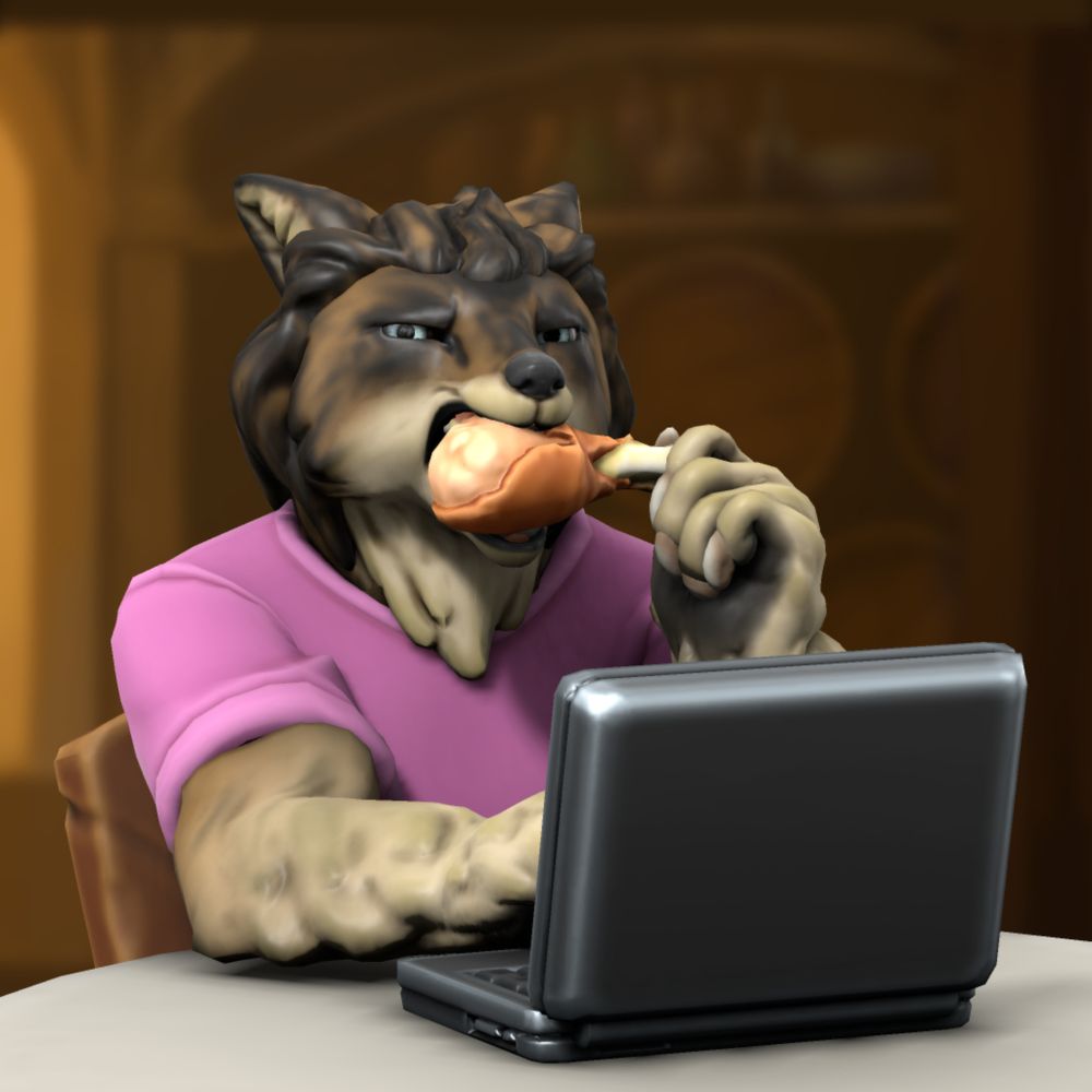 Ringo growling at you while he eats a chicken drumstick and does work stuff on his laptop.