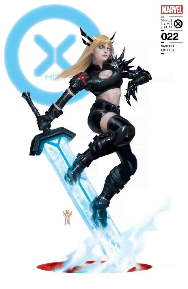 Magik from X Men in a variant cover art. She is in black armor and is riding the Soulsword which glows blue.