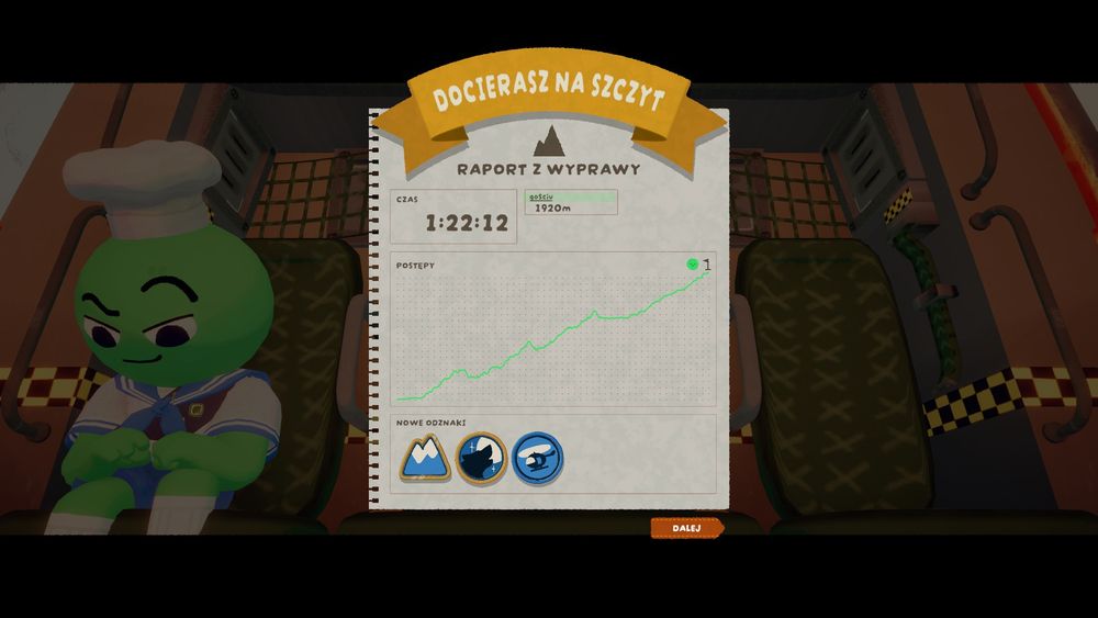 Screenshot of victory in a solo run of Peak with time of 1:22:12