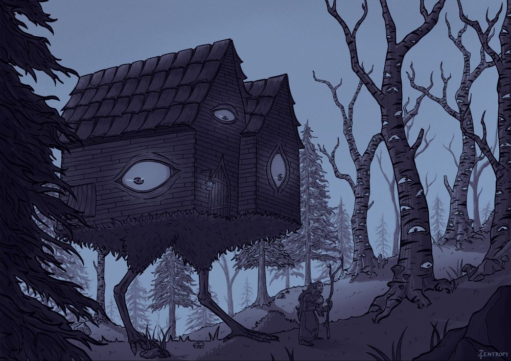 Illustration of the moving Baba Yaga's hut, wandering in the forest at night. The house has three eyes on its walls, and every tree in the forest has eyes on the trunk. The Baba Yaga is walking in front of the monster hut, transformed into a creepy creature and using her cane to walk around.