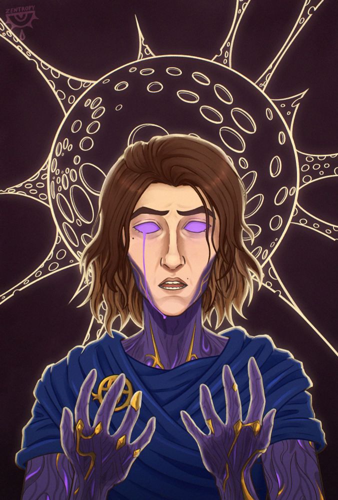 illustration of transformed viktor from arcane season 2, looking at his own hands and crying purple, with a halo that looks like the wild rune