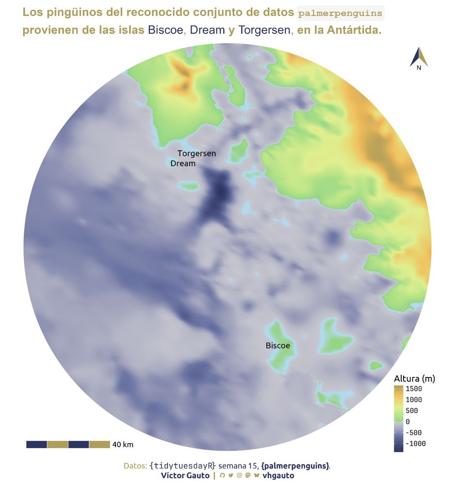 Mapa de la Antártida mostrando la elevación en la zona de las islas Deam, Torgersen y Biscoe, lugar donde habitan los pingüinos de `palmerpenguins`.