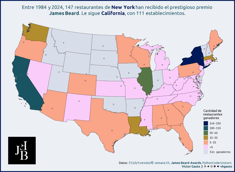 Mapa de los estados continentales de EE.UU. Se indica el rango de premiaciones en cada estado. New York tiene 147 premios y California 111.