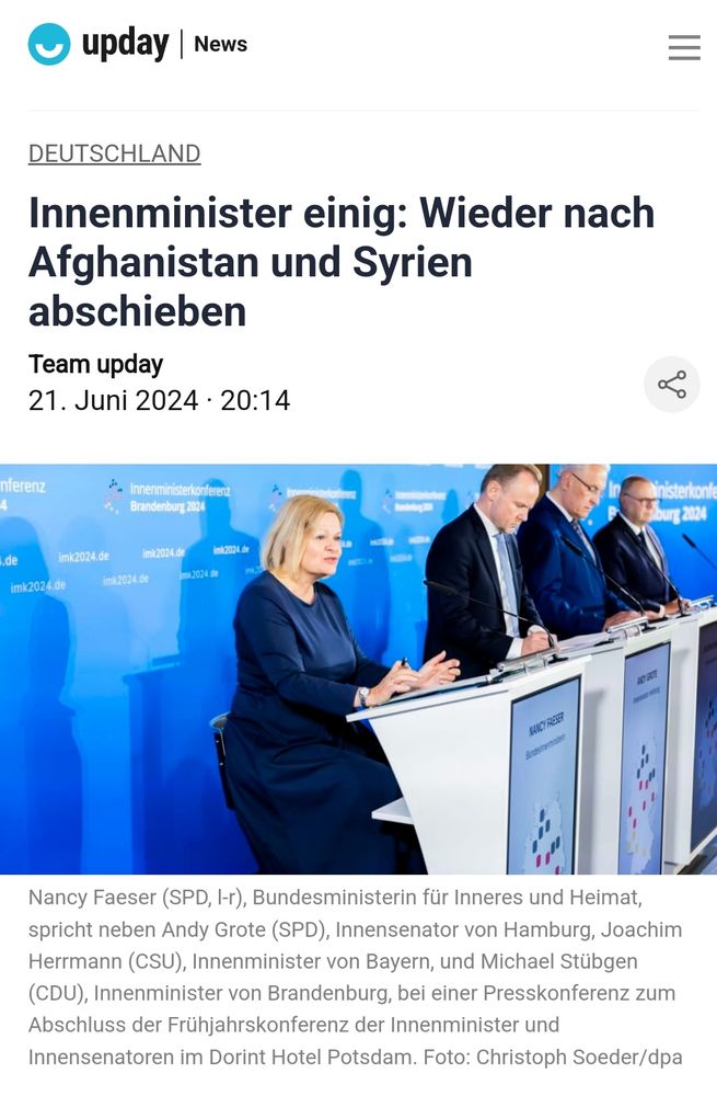 Upday News: 
Innenminister einig: Wieder nach Afghanistan abschieben