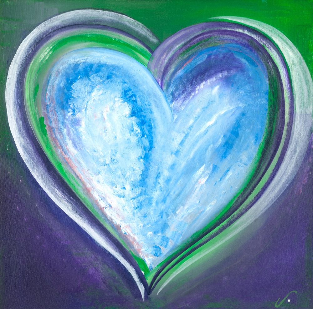 Acrylic on canvas painting by Raphaella Vaisseau of a Blue heart with green surrounding it against a deep purple back. Named “Heart of a Heron” for the image within the heart looking like two water birds with heads touching each other.