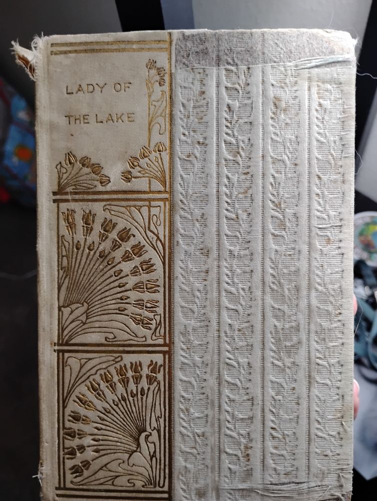 A picture of an old book with frayed edges. The cover has gold embossed flowers, and pressed designs into the cloth. The book is Lady of the Lake by Sir Walter Scott