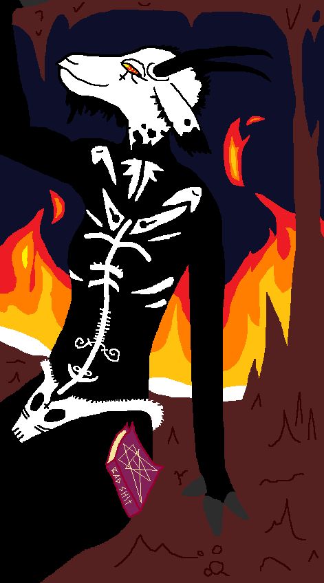 the first Zenoby design

she is sitting in a cave with fire burning behind her. she's wearing a black dress covered in white bones and has red and yellow eyes with egyptian-adjacent makeup under them. her hands are hoofs, she has a black beard and black blotchy patterns at the edge of her clothes and on the edge of her ears.

a pink book with a sigil on the cover and "BAD SHIT" on the spine is resting on her hip