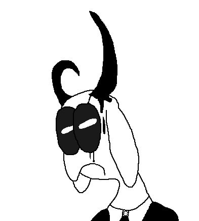 a cartoony Zenoby with round, black eyes wwith white, horizontal pupils. her ears are shorter than normal and her upper lip overhangs slightly