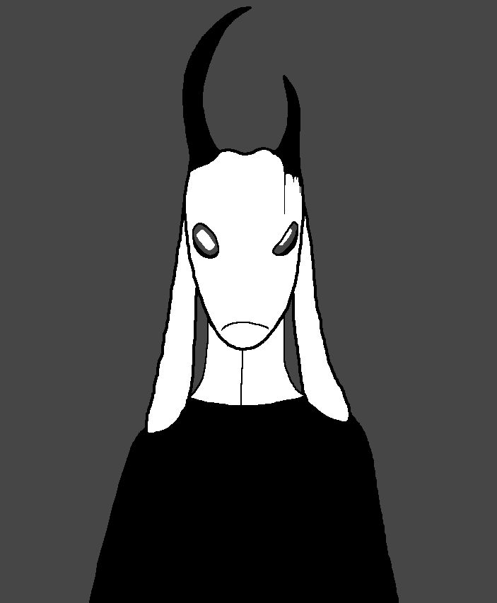 a Zenoby with dark grey eyes with white, rectangular pupils. she's wearing black clothes with a tall, white collar. her left horn is melting and running down her face

she's pulling an expression similar to the antagonist of Phantasm