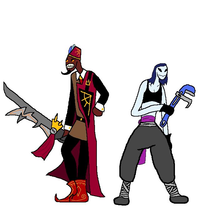 an Upperclass Royal luxurian (left) and a Lowerclass Laborer Luxurian

the upperclass one is a dark skinned person with orange, bird-like eyes and serrated teeth. they have a black, curved beard, like a thorn, and a red hat that looks like a Fez. their clothes are black, red, white and brown and are accentuated with gold details. they carry an elaborate, jagged sword with a red scarf near the hilt.

the lowerclass Luxurian is pale blue and has black, almond shaped eyes, long, dark blue hair and a mouth that looks like this :} . they wear a black sports bra and baggy grey pants fastened with grey wrappings around the ankles and waist. they wear black gloves and a purple sash around their waist. they carry a blue wrench.