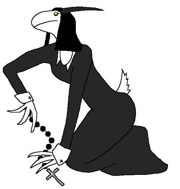 a kneeling Zenoby with small, yellow, beady eyes in a dark grey dress. she has a short tail and she's pulling a Rosary out of her sleeve. she has a black headdress over her head and cross shaped buttons on her cuffs.
