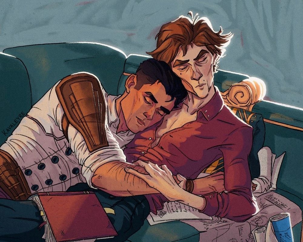Jayce and Viktor from Arcane, laying on a couch surrounded by diagrams, journals, and papers. Both of them are passed out— Jayce laying on Viktor’s chest, and Viktor holding Jayce’s arm