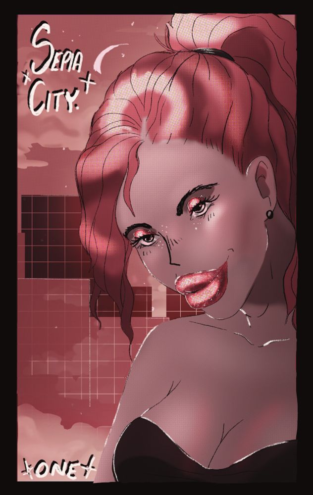Webcomic cover washed in pink/pinkish tones. It’s an image of a woman in the foreground with a city and clouds behind her.