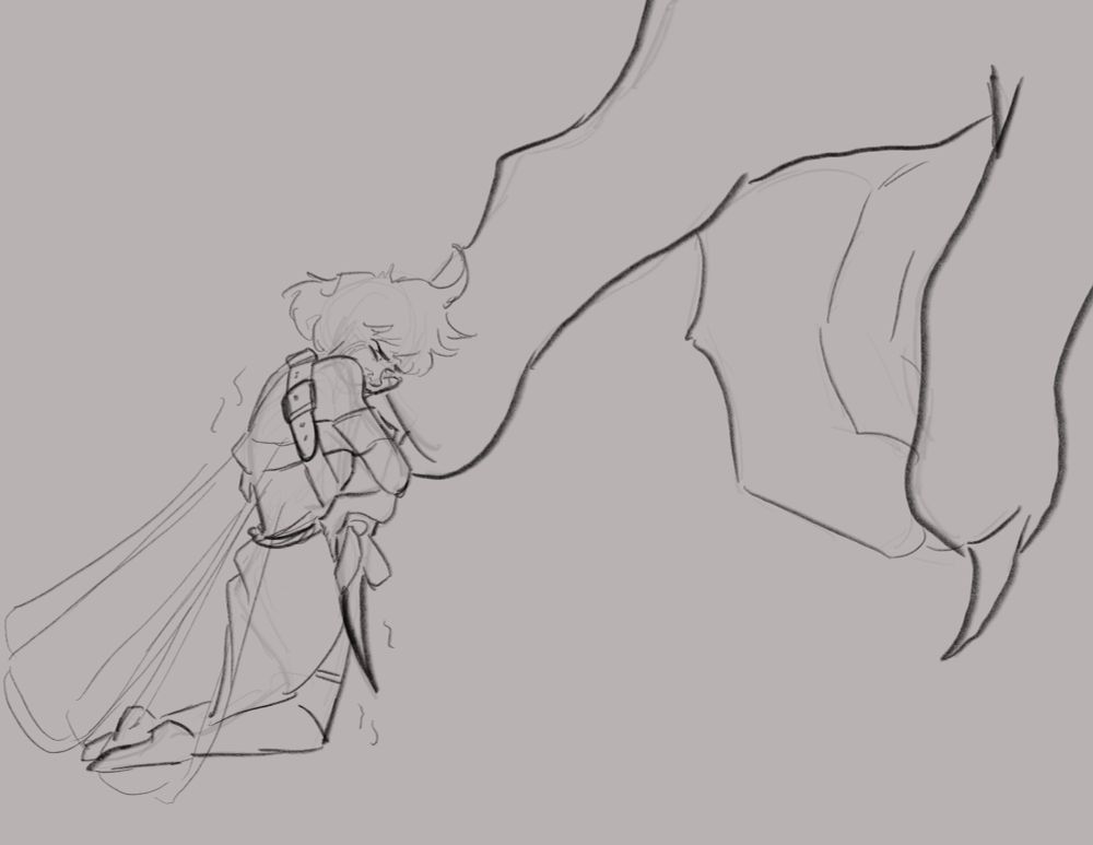 digital sketch, Thimble, a small fairy, clings to the claw of Teor Pridesire and weeps.