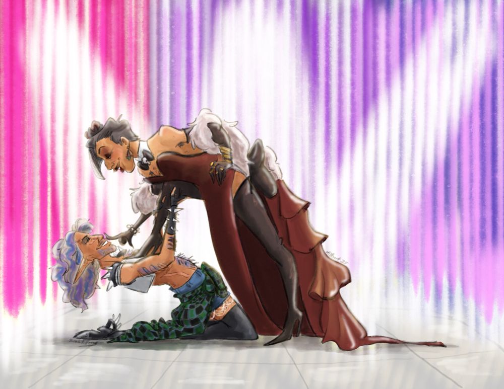 digital illustration, Rook as a Drag King in a white crop top tee with spikes and booty jean shorts, and a plaid shirt gown tied to their waist, as they lean back and adore Emmrich, who is dressed in a deep red down and thigh high boots. Emmrich leans forward and presses a manicured gloved fingernail finger to Rook's lips. The lights behind them are the colors of the Bi Flag.