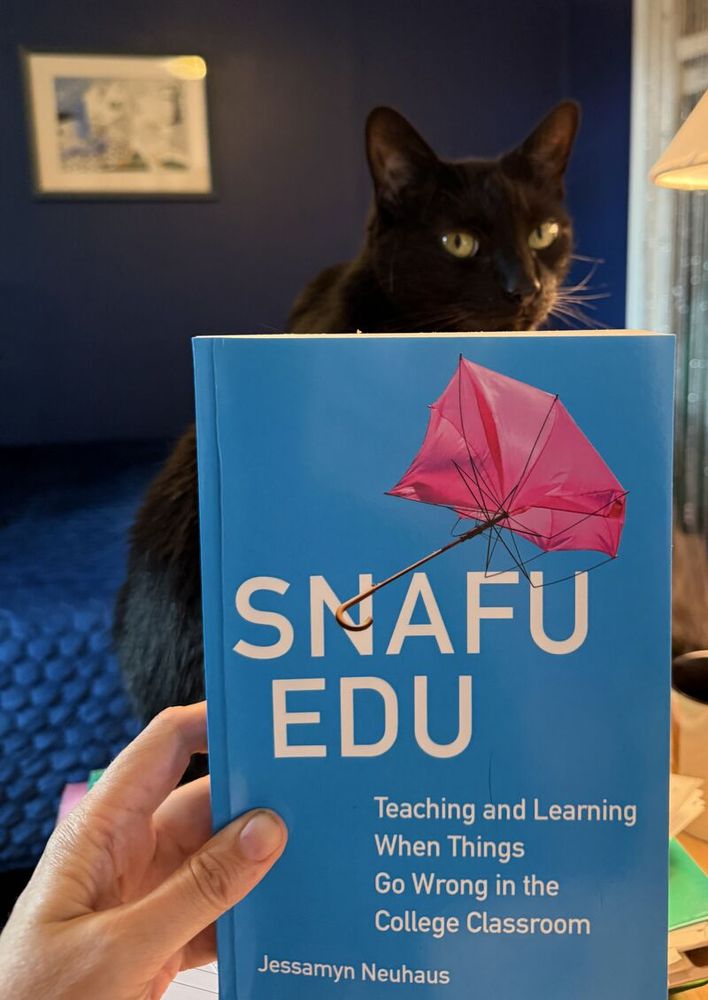 Black cat poses behind "Snafu Edu" book with a busted umbrella