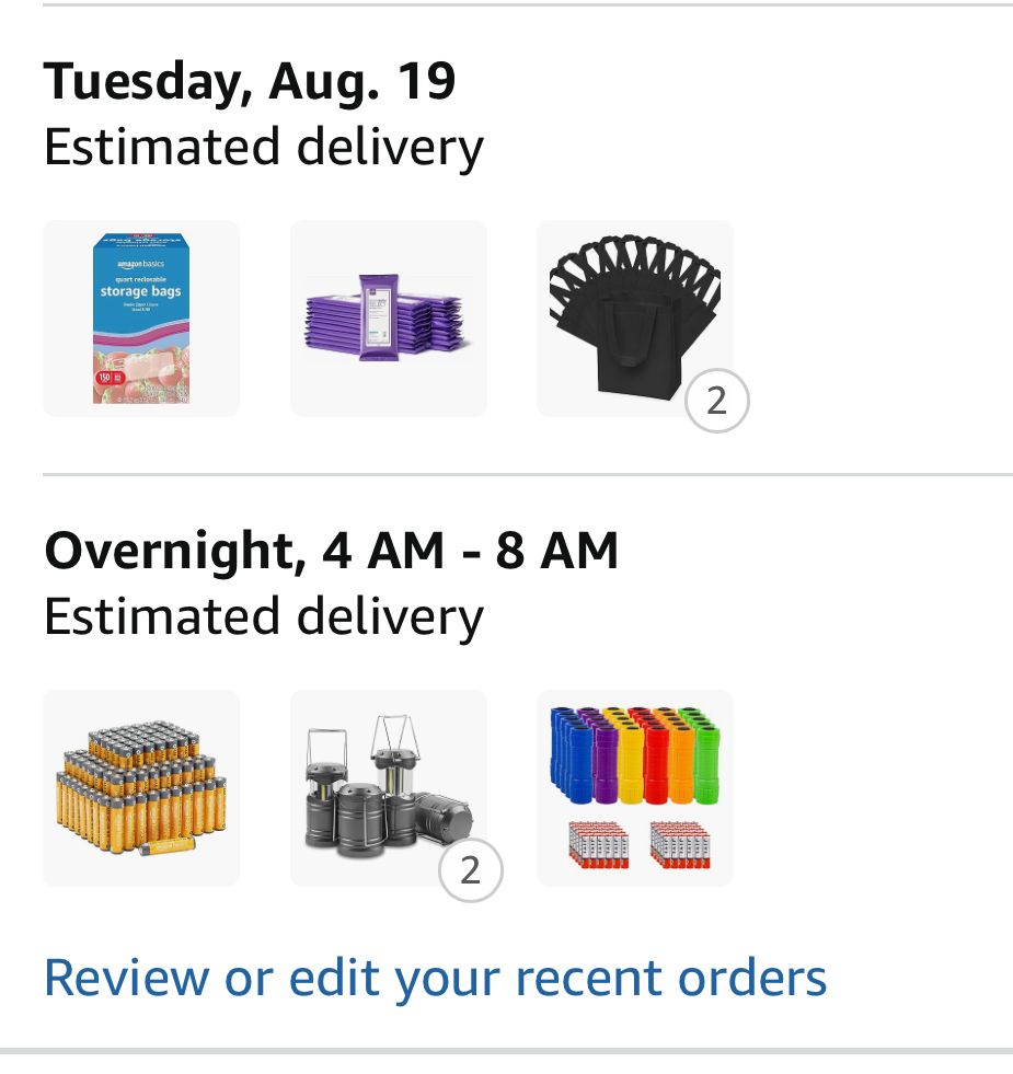 A screenshot of our order confirmation page showing packing bags, body wipes, batteries, lanterns, and flashlights