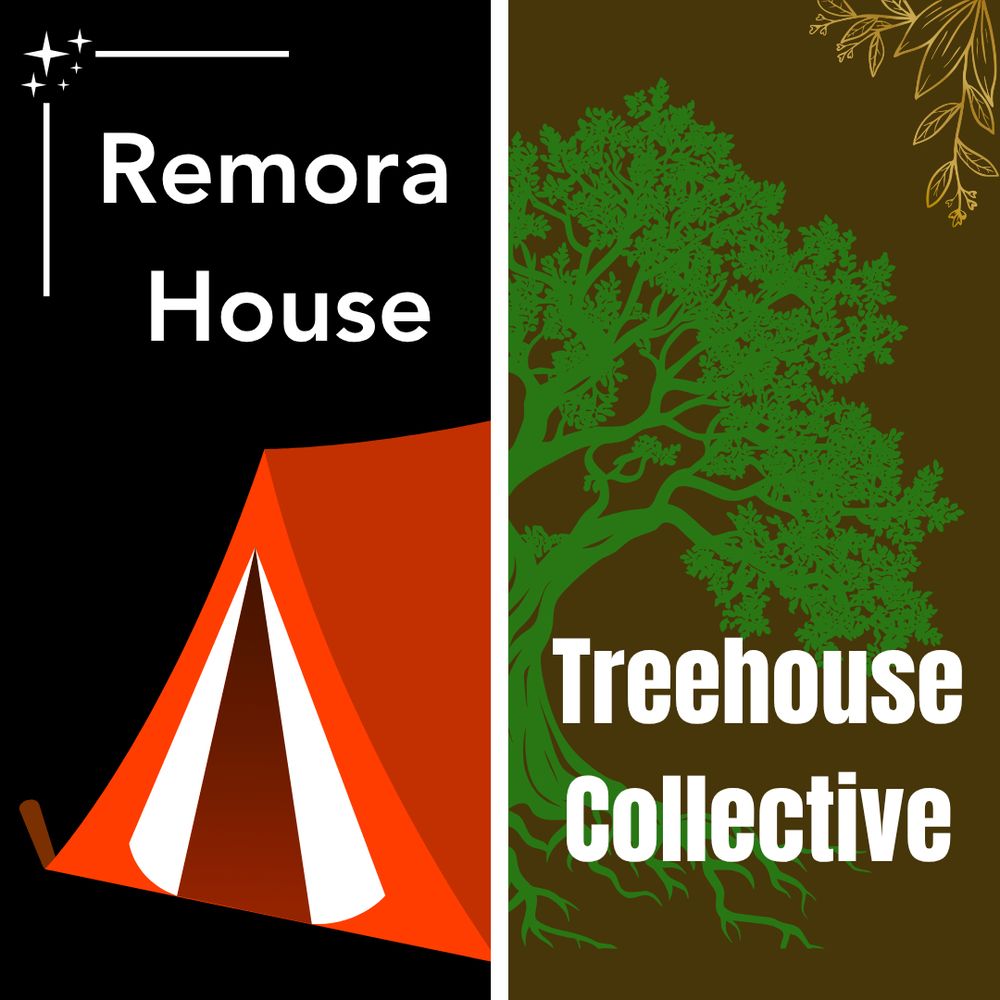 A graphic with two halves. One half has the text Remora House and shows a black and white tent. The other half has the word Treehouse Collective and has a green tree. 