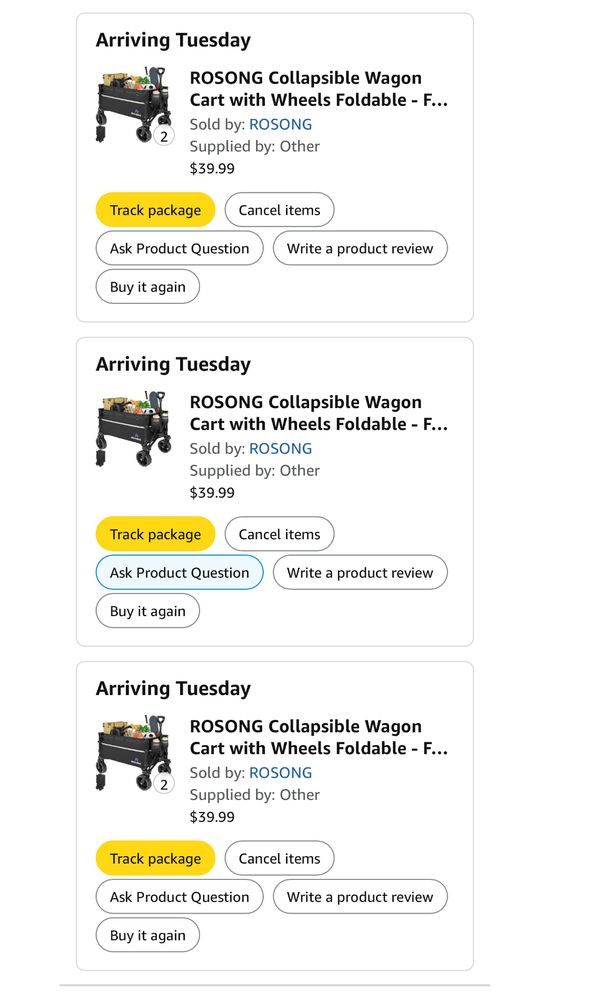 A screenshot of our confirmation order of five collapsible wagons