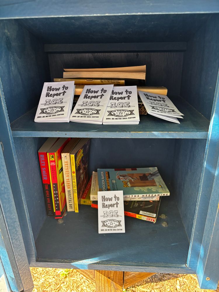A light blue little free library with the door open, some books stacked on the top and bottom shelves. On the top shelf four of the how to report ice sizes rest against the pile of books facing forward in a row, with one more on the bottom shelf also leaning against a stack of books and facing forward.