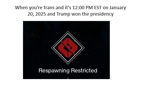A meme that says "When you're trans and it's 12:00 PM EST on January 20, 2025 and Trump won the presidency" with the "Respawning Restricted" pop up message on Destiny 2 below it.