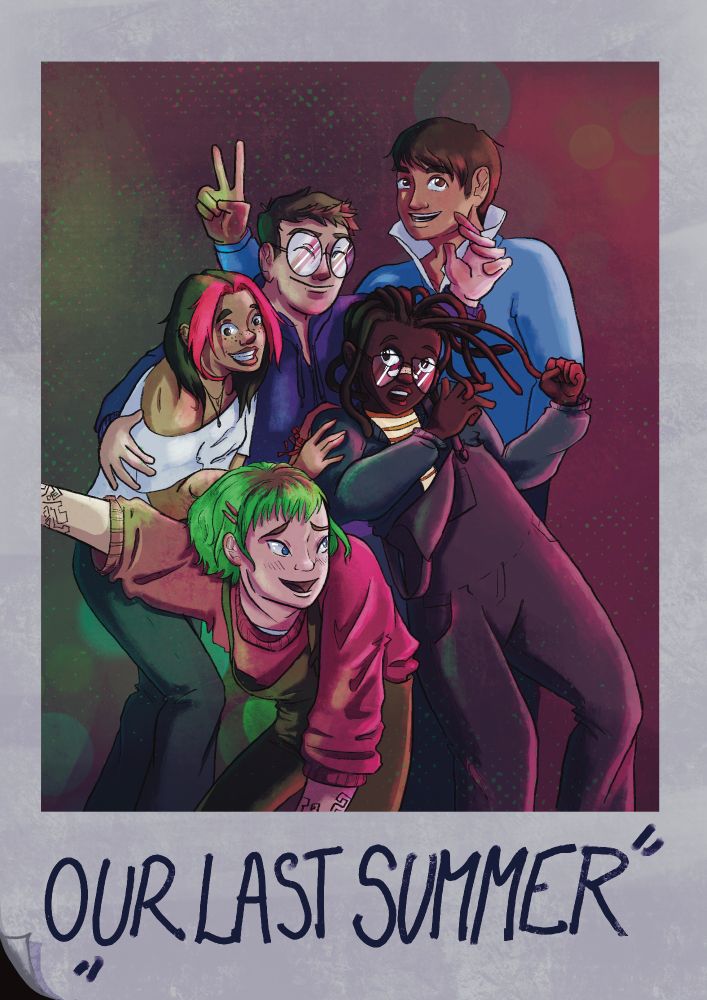 An illustration of a photo booth photo with 5 awkward teens crowded into the booth. The words "Our Last Summer" are written at the bottom