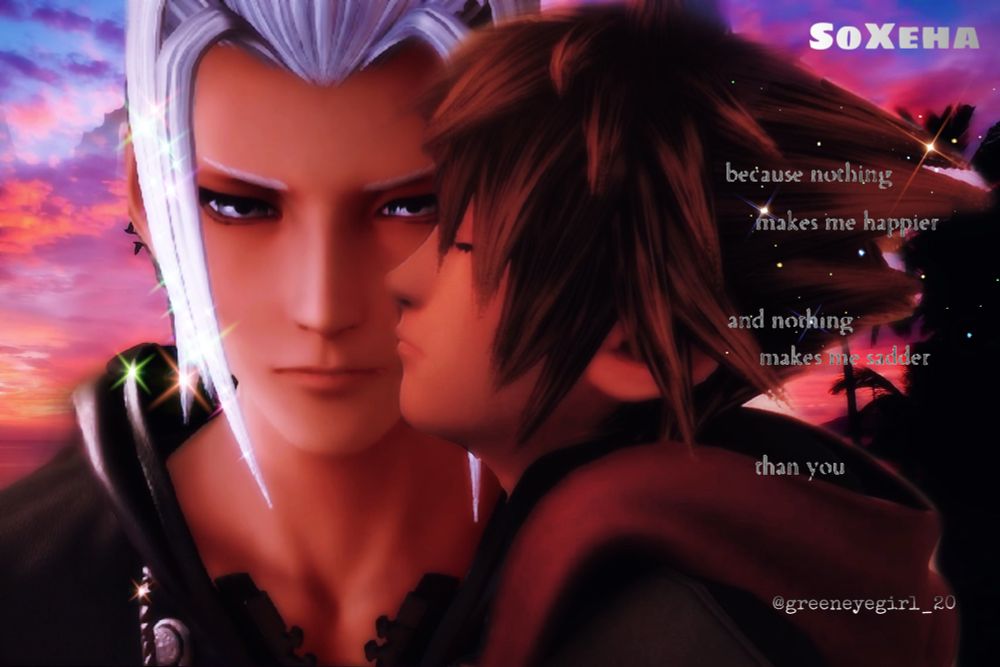 Kingdom hearts characters Sora kissing young Xehanort on the cheek with words. because nothing makes me happier and nothing makes me sadder than you. 