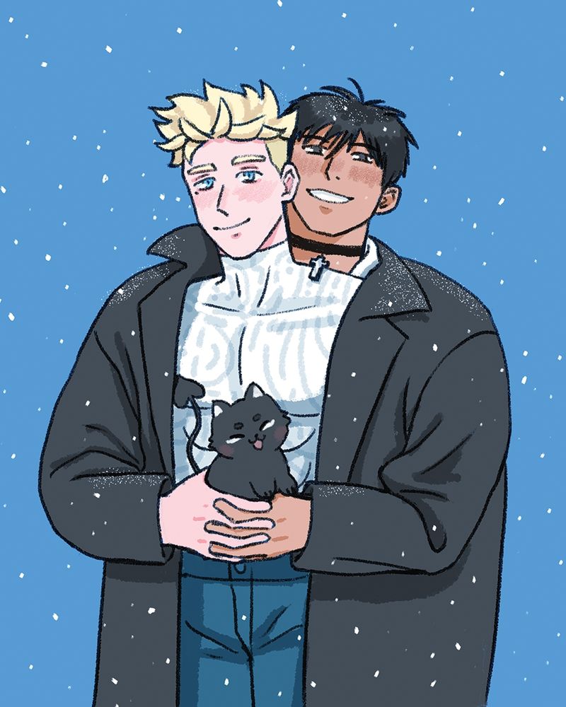 art of Nai and Wolfwood from Trigun sharing a single coat and holding the donor's kitty OC in their hands