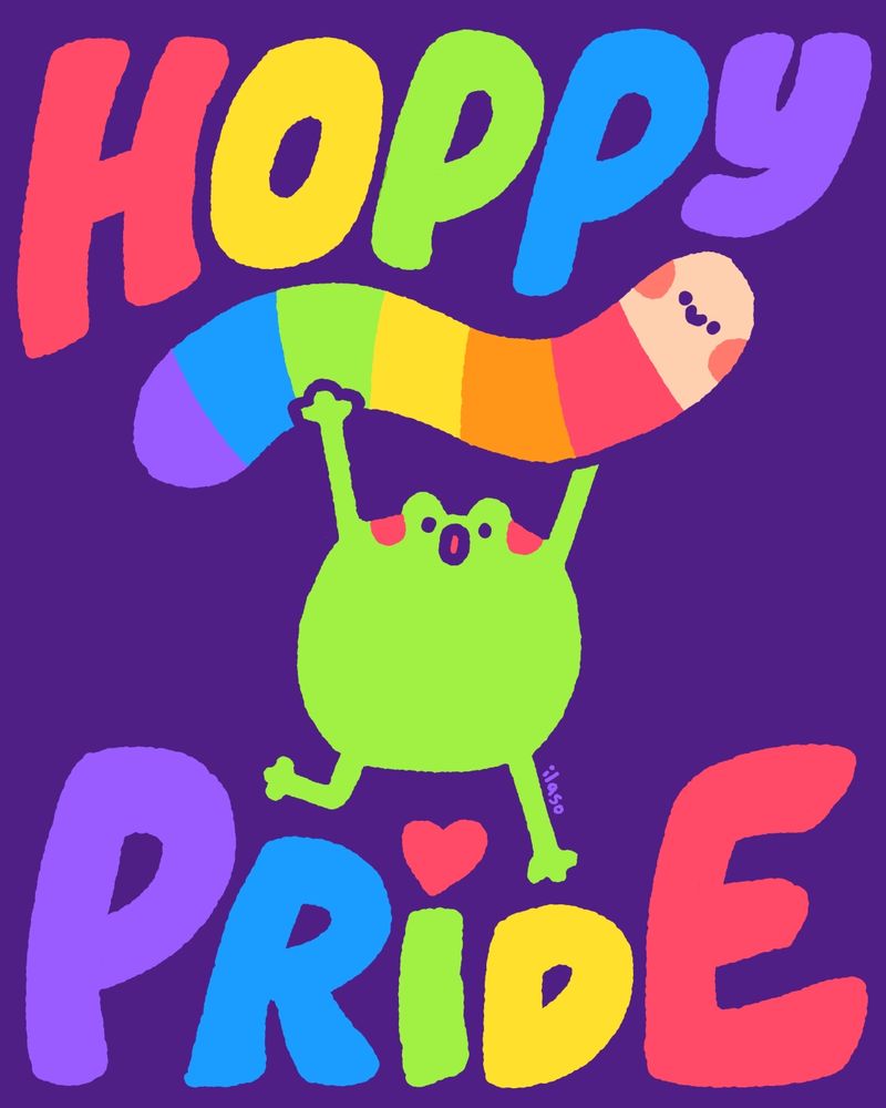 Tom the Frog carrying a rainbow Olivia the worm, with bright coloured hand-lettered text that says 'hoppy pride'
