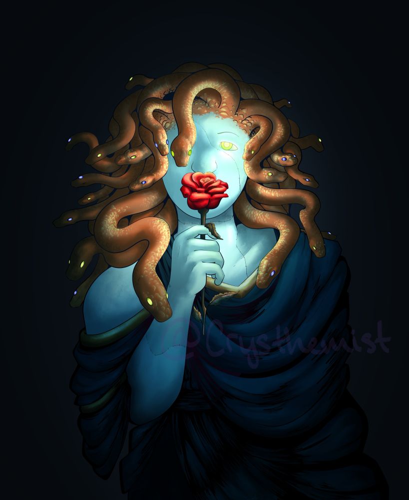 Digital art of Minecraft YouTuber, ZombieCleo as a gorgon. She has orange snake hair and a red rose over the bottom half of her face