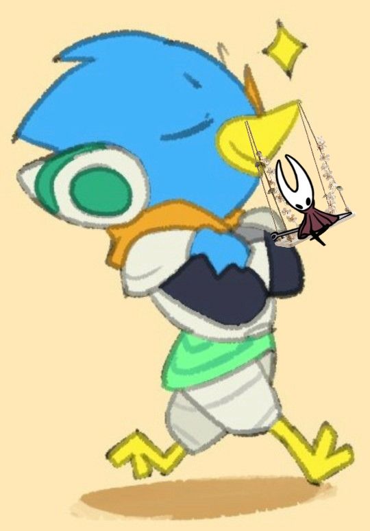 An edited image of Temmie Changs Berdly art that added hornet from hollow knight sitting on a swing on berdlys beak