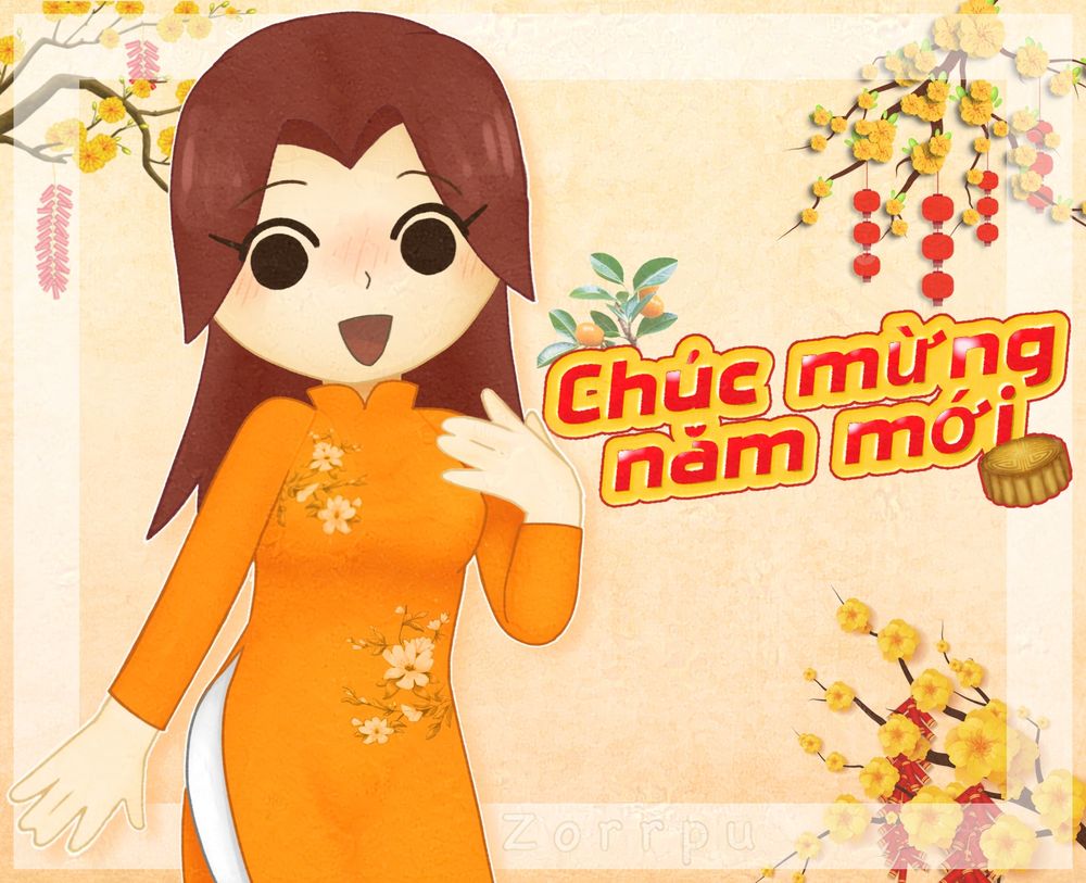 an illustration of Mii Gunner wearing an Áo dài with the text "Happy New Year" written in Vietnamese 