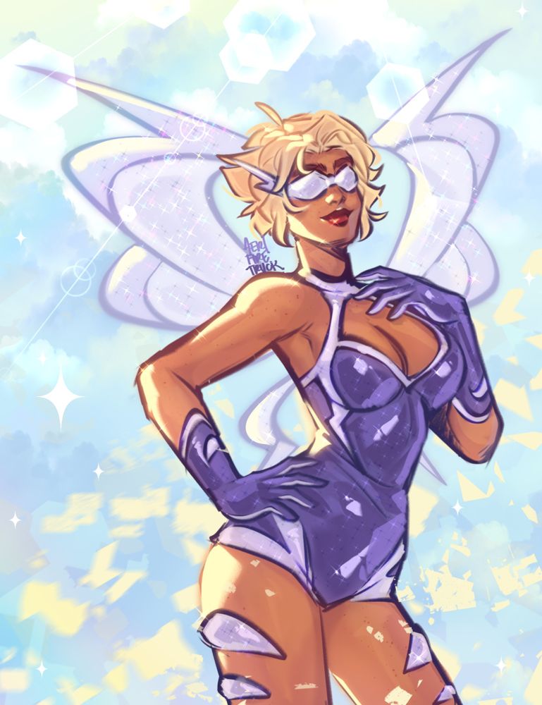 Zephyra, a winx club original character or oc is shown in her magic winx / charmix form. She is wearing a purple and lavender jumpsuit with hip accenys and a lavender trim. Talon shaped silver patches are on her thighs and she wears purple gloves as well as goggles. Her wings are pointed like lightning bolts and her hair is short and blonde. The background is blue and yellow, bright and sunny.