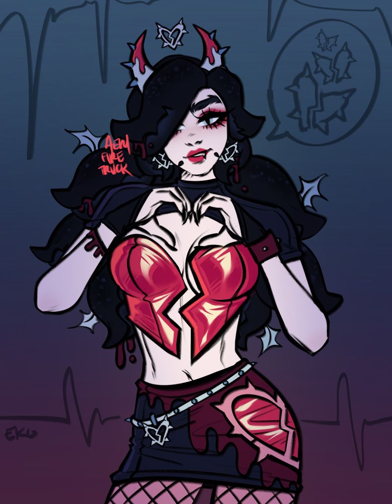 A digital art wip of Venus, my original character in the popular trending broken heart top. She's wearing a miniskirt with a broken heart cutoff and a mini jacket. Her hands are forming a heart and she has one eye covering her face from her giant plant hair.The outfit is red, black, and silver, partially illustrated.