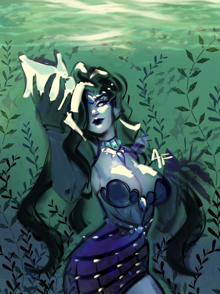 A ghostly pale woman in a dark purple getup and black tentacle hair poses underwater in a murky green and purple background. She is holding a conch shell in one hand up to the light and a sea urchin in the other. Seaweed and fish dot the picture. She looks haunting and beautiful. The picture is a WIP painting.