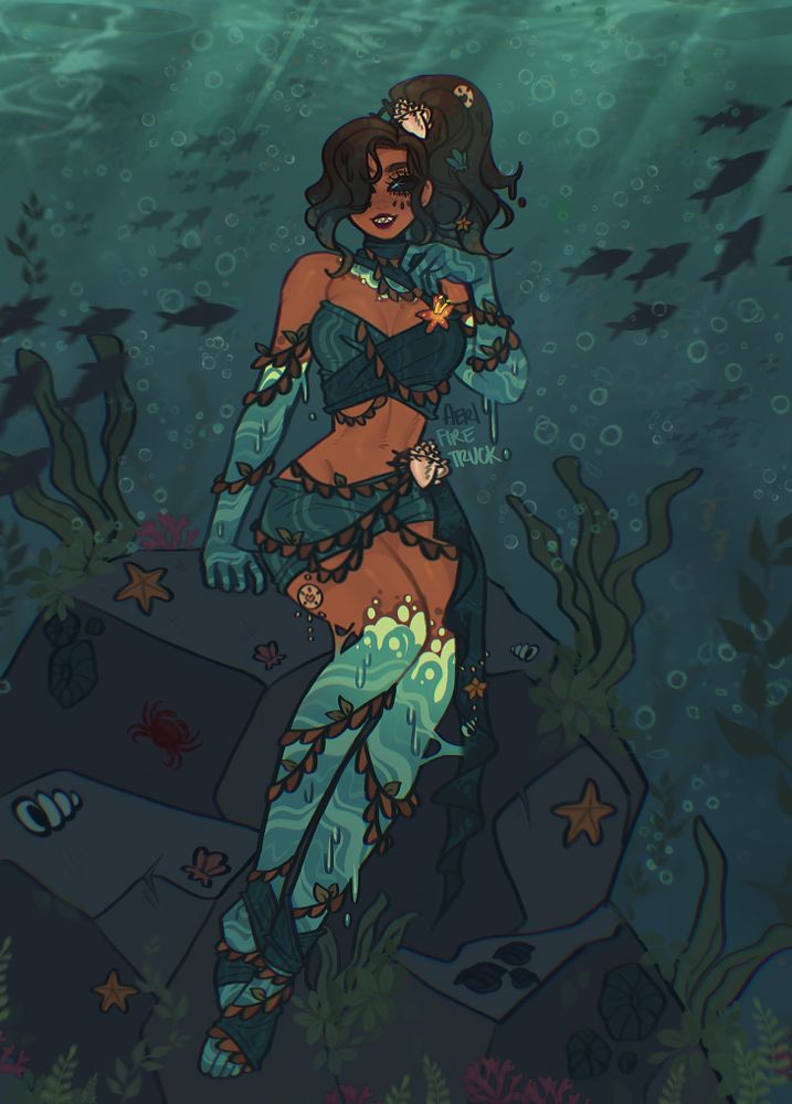 An illustration of Marina, a woman with brown skin, and teal ocean arms and legs. She wears a dark turquoise wraparound two piece with oceanic inspired accessories, such as ropes, shells, sand dollars, and fishing hooks.

The environment is underwater, and she is posing on a rock. There are shells, starfish, seaweed, fish, crabs, ferns, plants, coral, all sorts of undersea life dotted about the picture. The tone is a dark blue-ish gray that washes over the picture.