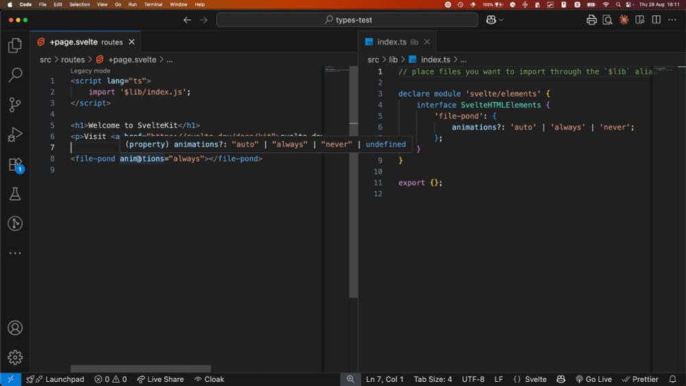 An editor with two split files, on the left a svelte component ```svelte <h1>Welcome to SvelteKit</h1> <p>Visit <a href=