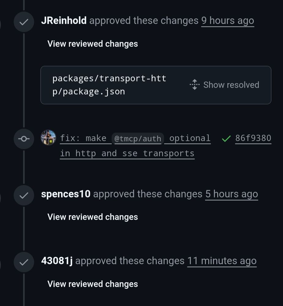 A GitHub timeline with three PR approvals from JReinhold, spences10 and 43081j