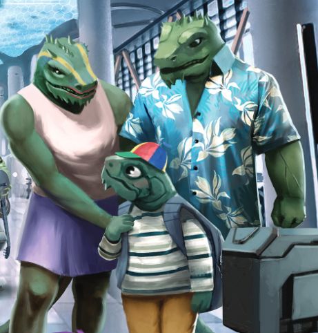 Screenshot from Page 40 of Starfinder Player Core depicting three Vesk, reptilian people, on vacation in a starport. The child has a rainbow beanie, the mother sports lipstick (snoutstick?), and the father carrying a suitcase is wearing what can only be described as a Hawaiian shirt.