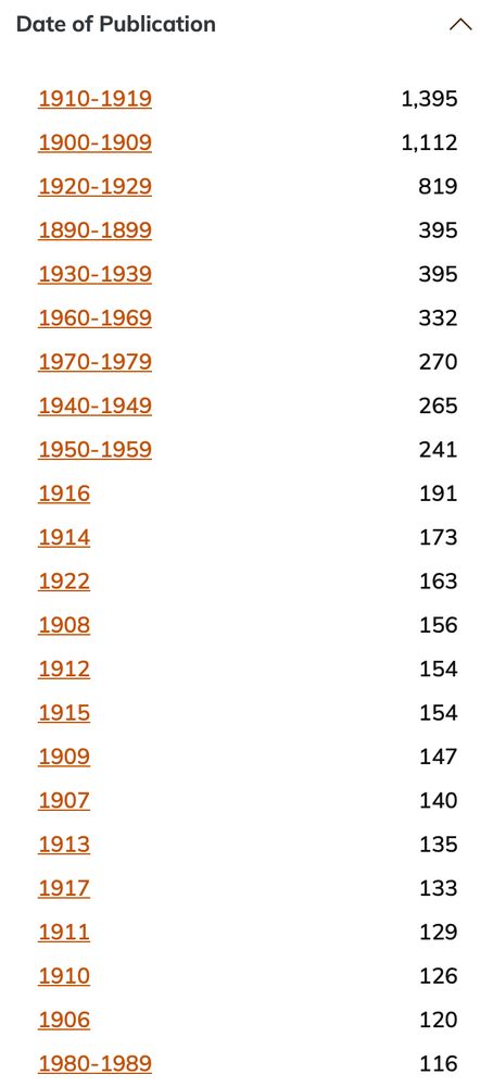 A web search modal with "Date of publication" followed by a seemingly random list of dates and date ranges