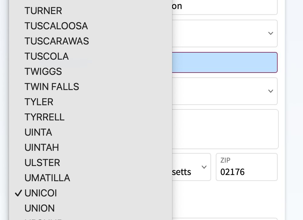 screenshot of a dropdown menu with hundreds of counties listed in alphabetical order