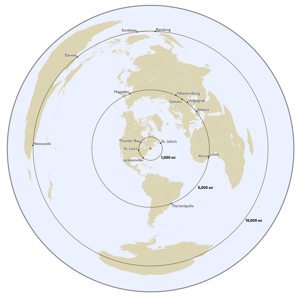 A map of the world on an equidistant azimuthal projection centered on Boston, with cities labeled at 1,000, 5,000, and 10,000 miles distances.