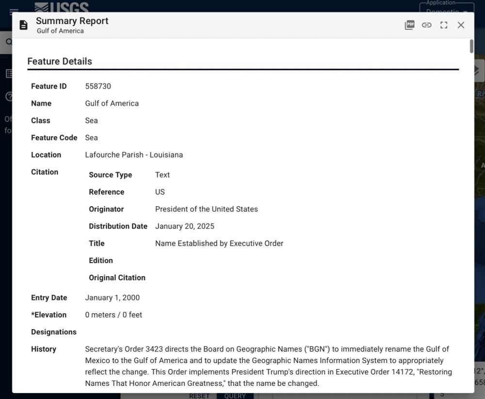 Screenshot of the Geographic Names Information System database entry for "Gulf of America"