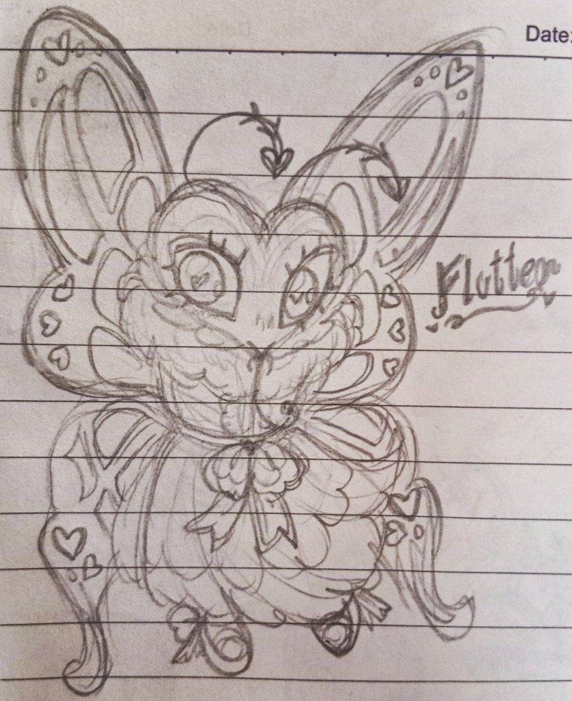 my fanon interpretation design of Flutter, Dandy's World character, in a traditional sketch art. she has a much detailed butterfly wings, a proboscis for her mouth, and a more fluffier collar. she wears a light summer dress with ribbon tied around her waist and a pair of ballet flats that's decorated with ribbons.