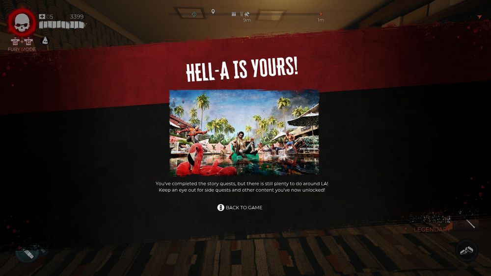 "HELL-A IS YOURS!"

"You've completed the story quests, but there's still plenty to do around LA! Keep an eye out for side quests and other content you've now unlocked!"
