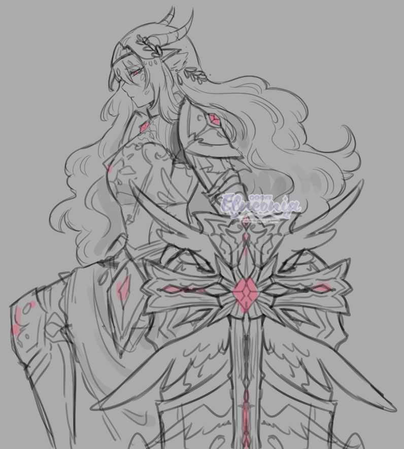 Sketch art of a maiden in armour and shield.